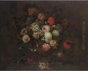 A Still Life With Roses,
Daffodils, Snowballs, An Imperial Crown, Tulips, Morning Glory,
Honeysuckle And Other Flowers, All In A Earthenware Vase On A Stone
Ledge Together With A Butterfly by Simon Hardime