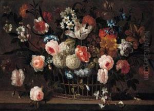 Still Life Of Roses, Tulips, Narcissi And Other Flowers In A Basket On A Stone Ledge by Simon Hardime