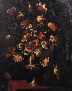 Tulips, Peonies, Carnations, Daffodils And Other Flowers In An Urnon A Draped Ledge
