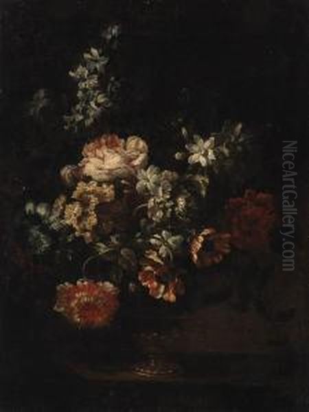 Carnations, Roses, Tulips And Other Flowers In An Glass Vase On Aledge - view 1