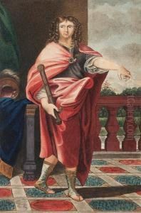 A Roman General, Standing On 
Tiled Balcony, Wearing Red Robes Over Armoured Breast Plate And Sandals,
 He Holds A Sword, A Blue Cape, Helmet And Green Curtain To The Left