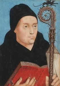 A Medieval Bishop, Wearing Black
 Robes And Cap, He Holds A Red Book And Ornately Carved Staff Topped 
With Dragon