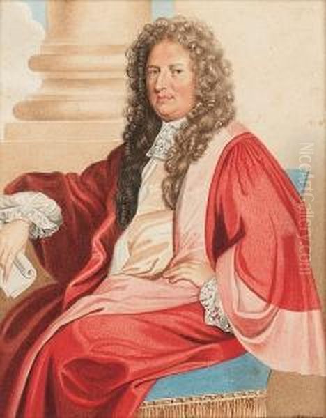 Dr Herbert Plot, Seated On A 
Blue Upholstered Chair, Wearing Crimson And Pink Robes, White Lace Cuffs
 And Jabot, He Holds A Scroll Of Paper - view 1