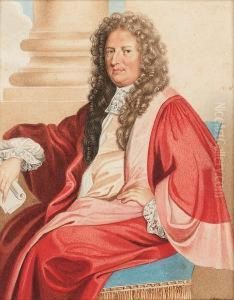 Dr Herbert Plot, Seated On A
Blue Upholstered Chair, Wearing Crimson And Pink Robes, White Lace Cuffs
And Jabot, He Holds A Scroll Of Paper by George Perfect Harding