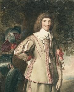 A Cavalier Of The Mid-17th
Century, Wearing Buff-coloured Jerkin, Slashed To Reveal Cream Shirt
With Wide Collar, His Armour In A Tree At His Side, Landscape Background A Cavalier Of The Mid-17th
Century, Wearing Buff-coloured Jerkin, Slashed To Reveal Cream Shirt
With Wide Collar, His Armour In A Tree At His Side, Landscape Background