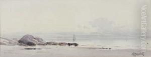 Rocky Coast With A Sailboat In The Distance by Melbourne Havelock Hardwick