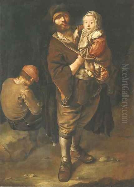 A peasant holding his daughter in his arms, a seated street urchin beyond - view 1