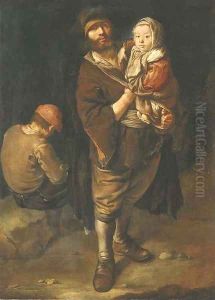 A peasant holding his daughter in his arms, a seated street urchin beyond by Giacomo Ceruti (Il Pitocchetto)