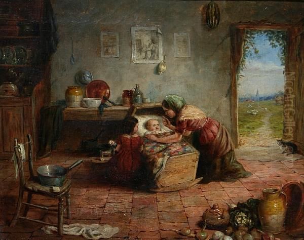 Mother, Daughter And Baby In A Cottage Interior - view 1