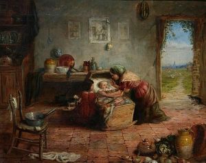 Mother, Daughter And Baby In A Cottage Interior