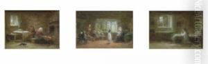 Three Oils On Board Interior Scenes Two Initialled 2.25 X 3.25in. Framed As One by Frederick Daniel Hardy