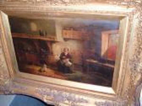 A Womanand Her Dog In A Cottage Interior - view 1