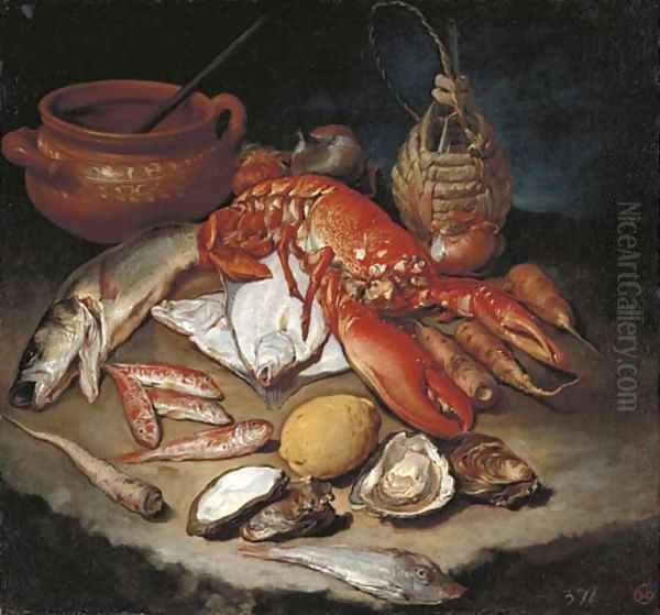 A lobster, herring, turbot, skate, red mullets and oysters with turnips, onions, a lemon, an earthenware pot and a wicker and glass bottle on a stone - view 1