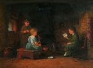 Cottage Interior With Children Seated Beside A Fire Place