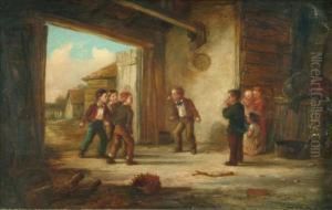 Boys Swinging For Apples In A Barn