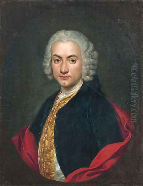 Portrait of a gentleman, half-length, in a blue velvet jacket, a gold-embroidered waistcoat and a red cape, in a feigned oval - view 1