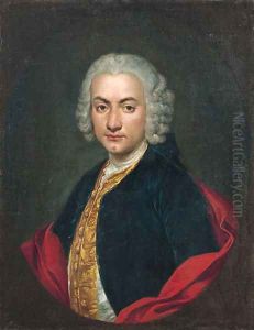 Portrait of a gentleman, half-length, in a blue velvet jacket, a gold-embroidered waistcoat and a red cape, in a feigned oval
