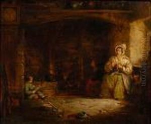 Mother And Children By The Hearth