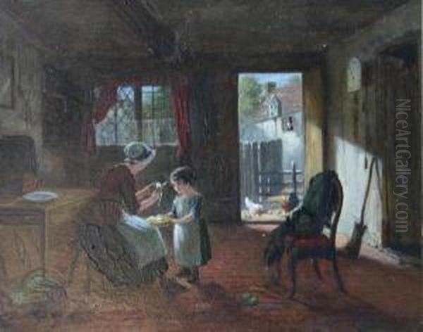 Woman Peeling Apples Seated Upon
A Stool, A Young Child Holding A Bowl Before Her, Chickens In A Yard In
Background - view 1