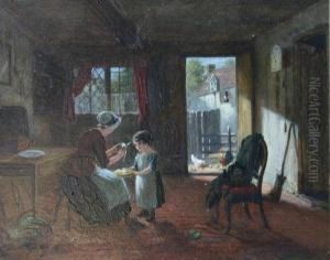 Woman Peeling Apples Seated Upon
 A Stool, A Young Child Holding A Bowl Before Her, Chickens In A Yard In
 Background