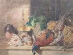 A Still Life With Dead Pheasant, Partridges, Brass Pan And Jar On A Tabletop by James Hardy