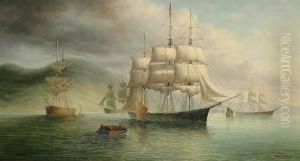Ships At Anchor In Calm Waters by James Hardy