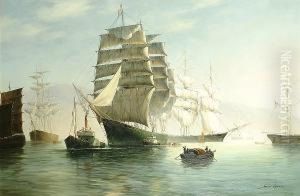 Tall Ships And A Chinese Junk In A Harbour