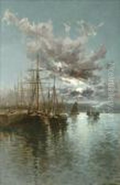 Moonlit Harbour Withmoored Vessels - view 1