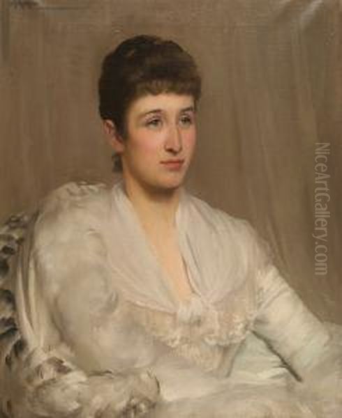 Portrait Of A Young Lady, Half
Length, Her Dark Hair Pulled Back And Wearing A White Gauze Gown And
Feather Boa - view 1