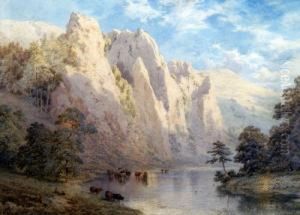 A Derbyshire Extensive River Landscape, With Cattle Watering