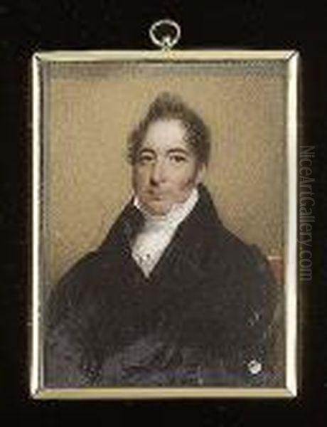 A Gentleman, Seated In A Red
Upholstered Chair, Wearing Black Coat, White Stock And Shirt With
Jewelled Tie-pin - view 1