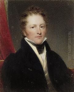 A Gentleman, Seated In A Red
Upholstered Chair, Wearing Black Coat, Cream Waistcoat, White Chemise
And Black Stock, Red Curtain Background by Hargreaves, Thomas