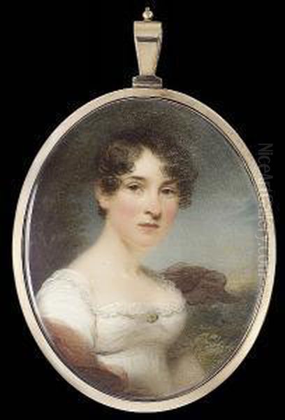 A Lady, Wearing White Dress With
Lace Trim And Brooch At Her Corsage, Crimson Shawl About Her Shoulders,
Landscape Background - view 1