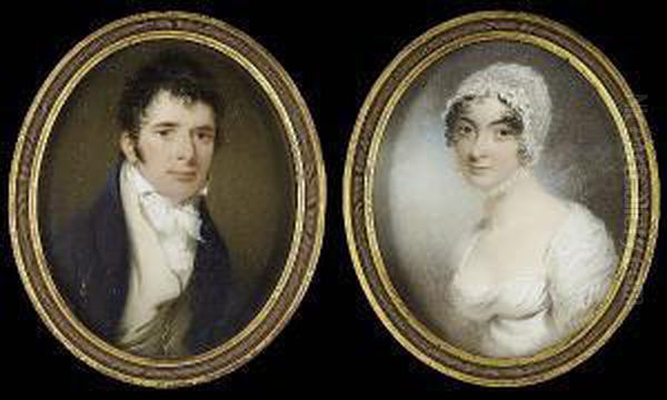 A Pair Of Portraits Of A Lady 
And Gentleman, Probably Of The Leigh Family: She, Wearing White Dress 
And Lace Bonnet Adorned With White Flower Tied Beneath Her Chin; He, 
Wearing Blue Coat, Cream Waistcoat, Tied White Stock And Frilled Cravat - view 1