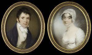 A Pair Of Portraits Of A Lady 
And Gentleman, Probably Of The Leigh Family: She, Wearing White Dress 
And Lace Bonnet Adorned With White Flower Tied Beneath Her Chin; He, 
Wearing Blue Coat, Cream Waistcoat, Tied White Stock And Frilled Cravat by Hargreaves, Thomas