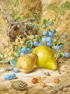 Still-life of pears, damson, beech nuts and horse chestnuts on a bank
