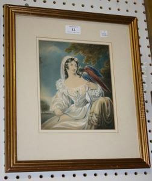 A Younglady Wearing A White Dress And Holding A Parrot - view 1