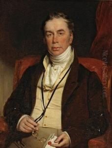 A Portrait Of A Gentleman,
Half-length,seated, In A Brown Coat And Holding His Pince-nez In One
Hand And Aletter In The Other by George Henry Harlow