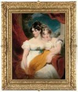 Double Portrait Of Marianne Anna
 Maria Gooch (d. 1855) And Charlotte Matilda Gooch (d. 1852), 
Three-quarter-length, One Seated In A White Dress With A Blue Sash And A
 Yellow Shawl Across Her Lap, The Other Kneeling Beside In A White 
Dress, A Red C
