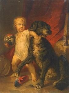An Interior With A Young Boy Playing With His Pet Dog