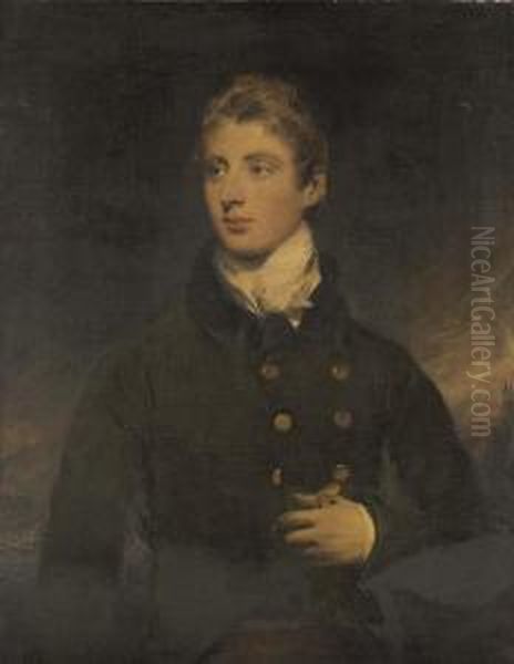Portrait Of A Gentleman, A
Member Of The Wellesley Family, Half-length, In A Black Coat And Holding
A Glove In His Left Hand, Before A Coastal Scene - view 1