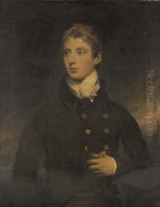 Portrait Of A Gentleman, A 
Member Of The Wellesley Family, Half-length, In A Black Coat And Holding
 A Glove In His Left Hand, Before A Coastal Scene