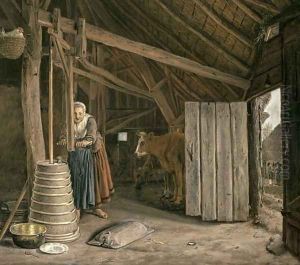 Barn Interior with a Maid Churning Butter by Govert Dircksz. Camphuysen