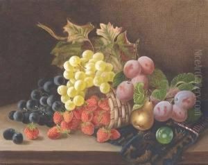 Grapes, Strawberries And Pears Tumbling From A Basket by Thomas Harper