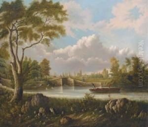 Figures Bathing In A Canal With A Town Beyond Figures Bathing In A Canal With A Town Beyond