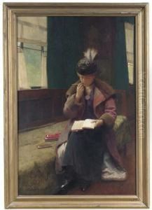 Portrait Of A Lady, Seated Full-length, Writing In A Journal by Edwin Harris