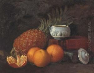 Still Life Of A Pineapple, Wedgewood Pot And Oranges, With Books Tothe Side