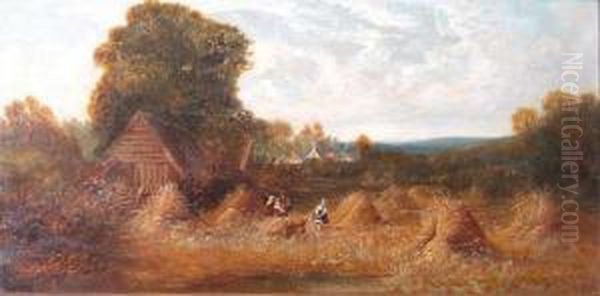 Figures In A Field At Harvest Time With Village In The Distance - view 1