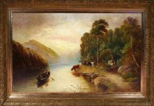 A Rowing Boat On A River With A Farmer Watering Cattle At The Nearby Bank
