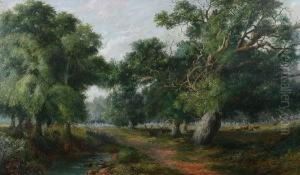 Elk In A Forest Clearing,
 Signed Lower Right by Henry Harris